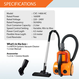 HETCH Cyclone Strong Suction 30000pa Cyclonic Vacuum Cleaner Hepa Filter (1600W) CVC-1408-HC